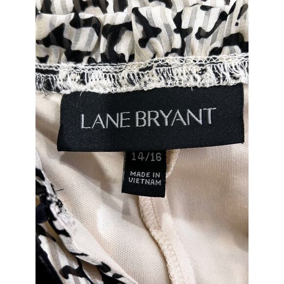 Lane Bryant Black Cream Print Crinkle Texture Tie Neck Long Sleeve Lined Blouse - Picture 6 of 8